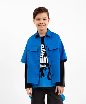 Cămașă largă albastră cu mânecă scurtă din poplin, Gulliver