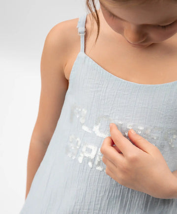 Rochie-sărafan pentru copii, albastră, din viscoză subțire și semi-transparentă, Gulliver.