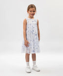 Rochie pentru copii, albă, din plasă plisată cu model floral și căptușeală, Gulliver.