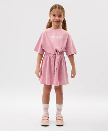 Rochie pentru copii, roz, din tricot, cu mâneci scurte, care imită un compleu, Gulliver.