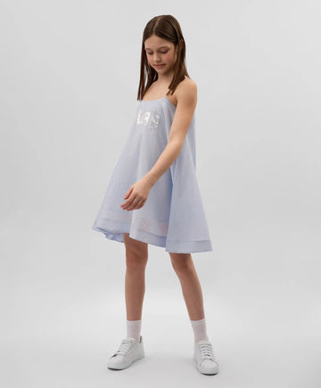 Sărafan pentru copii, albastru, cu siluetă trapez, din batistă, cu decor din paiete, Gulliver.