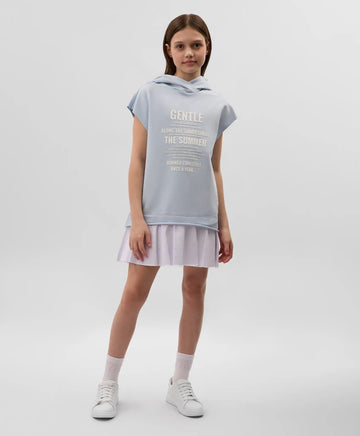 Rochie pentru copii, din tricot, cu glugă, de formă dreaptă și liberă, fără mâneci, albastră, Gulliver.