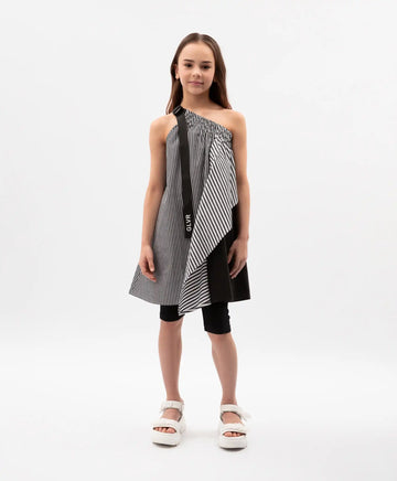 Sărafan textil pentru copii, cu croi asimetric și un umăr descoperit, combinat, Gulliver.