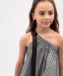 Sărafan textil pentru copii, cu croi asimetric și un umăr descoperit, combinat, Gulliver.