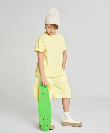 Pantaloni scurți drepți pentru copii, bazați, cu talie elastică, galbeni, Button Blue