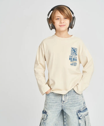 Longsleeve pentru băieți alb-crem cu imprimeu Button Blue