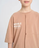 Tricou oversize cu mânecă scurtă pentru băiat, bej, cu imprimeu, Button Blue