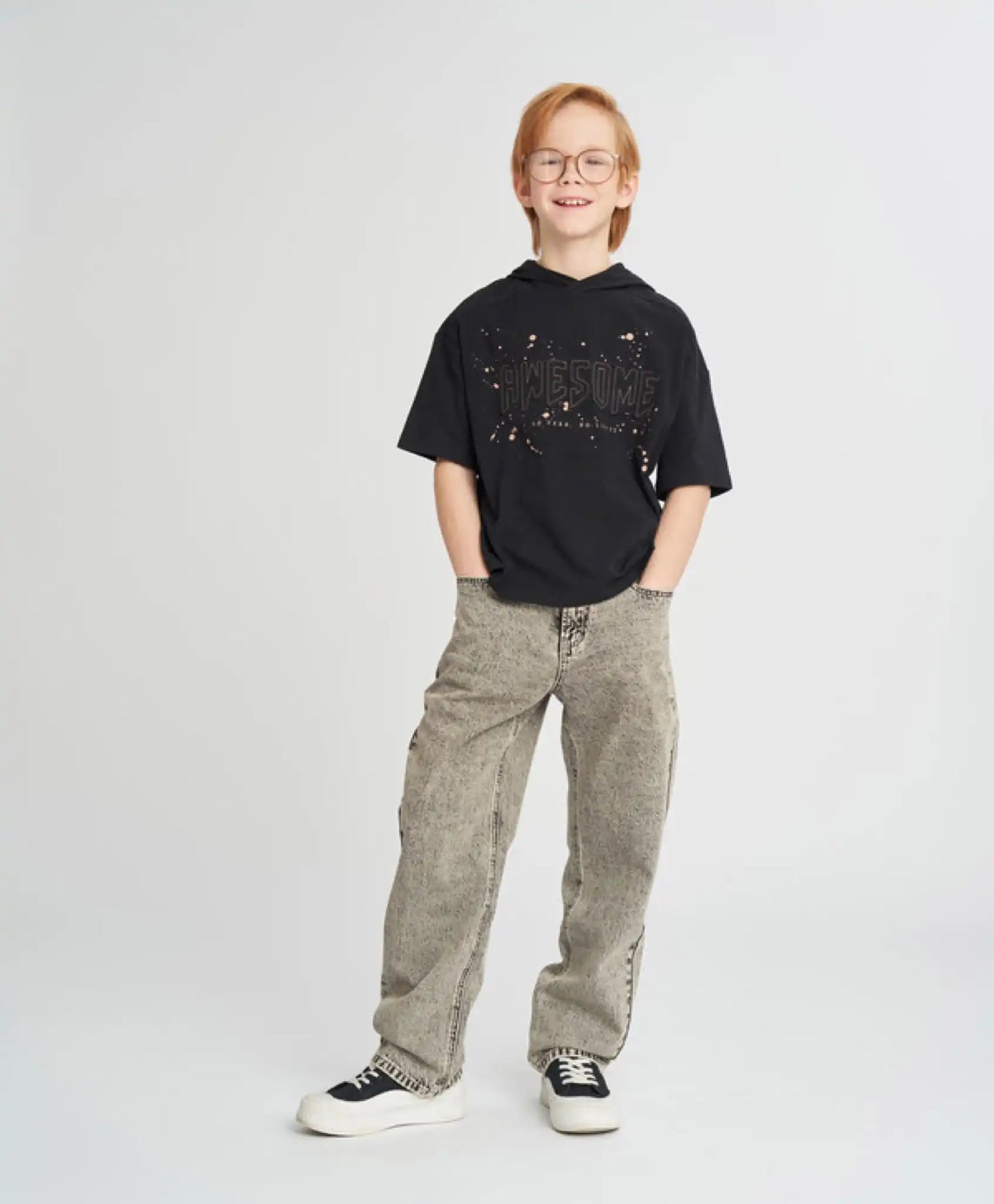 Tricou cu mânecă scurtă pentru copii, negru, cu efect tie-dye și imprimeu, Button Blue