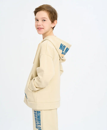 Hanorac cu fermoar, glugă și imprimeu alb-cremos pentru copii Button Blue