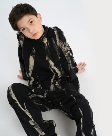 Hanorac pentru copii negru oversized cu glugă și efect tie-dye Button Blue