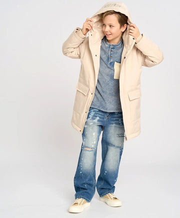 Parka pentru copii, sezon intermediar cu glugă, albă, Button Blue