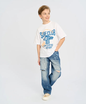 Blugi drepți pentru copii, model mom, albaștri, cu uzură, Button Blue