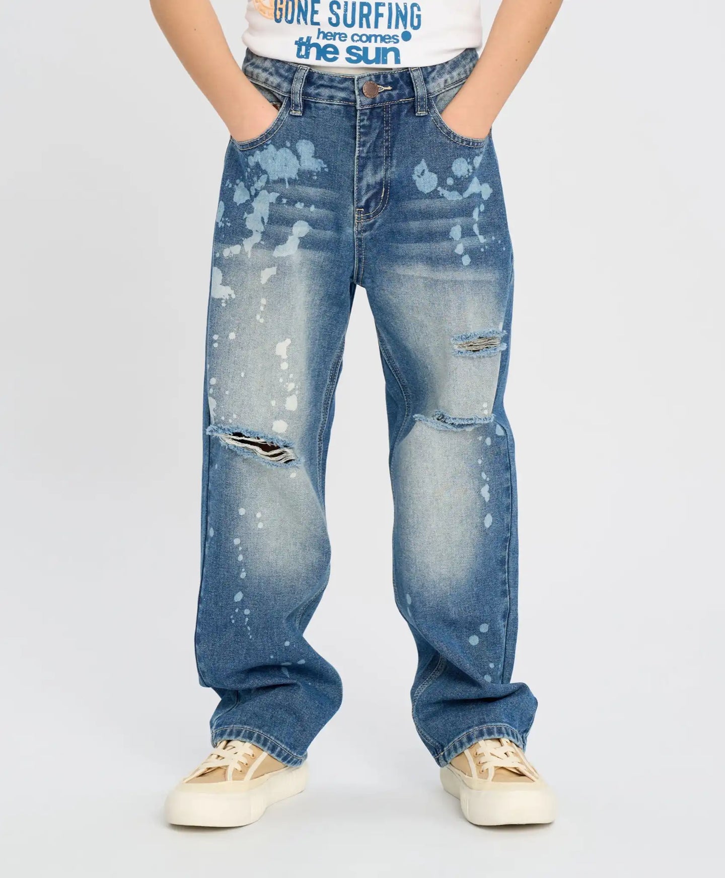 Blugi drepți pentru copii, model mom, albaștri, cu uzură, Button Blue