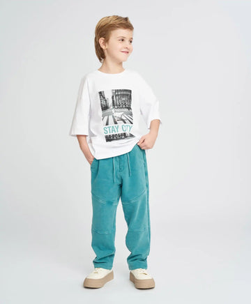 Tricou cu mânecă scurtă pentru băiat, alb, oversize, cu imprimeu, Button Blue