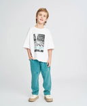 Tricou cu mânecă scurtă pentru băiat, alb, oversize, cu imprimeu, Button Blue