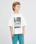 Tricou cu mânecă scurtă pentru băiat, alb, oversize, cu imprimeu, Button Blue