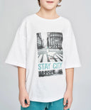 Tricou cu mânecă scurtă pentru băiat, alb, oversize, cu imprimeu, Button Blue