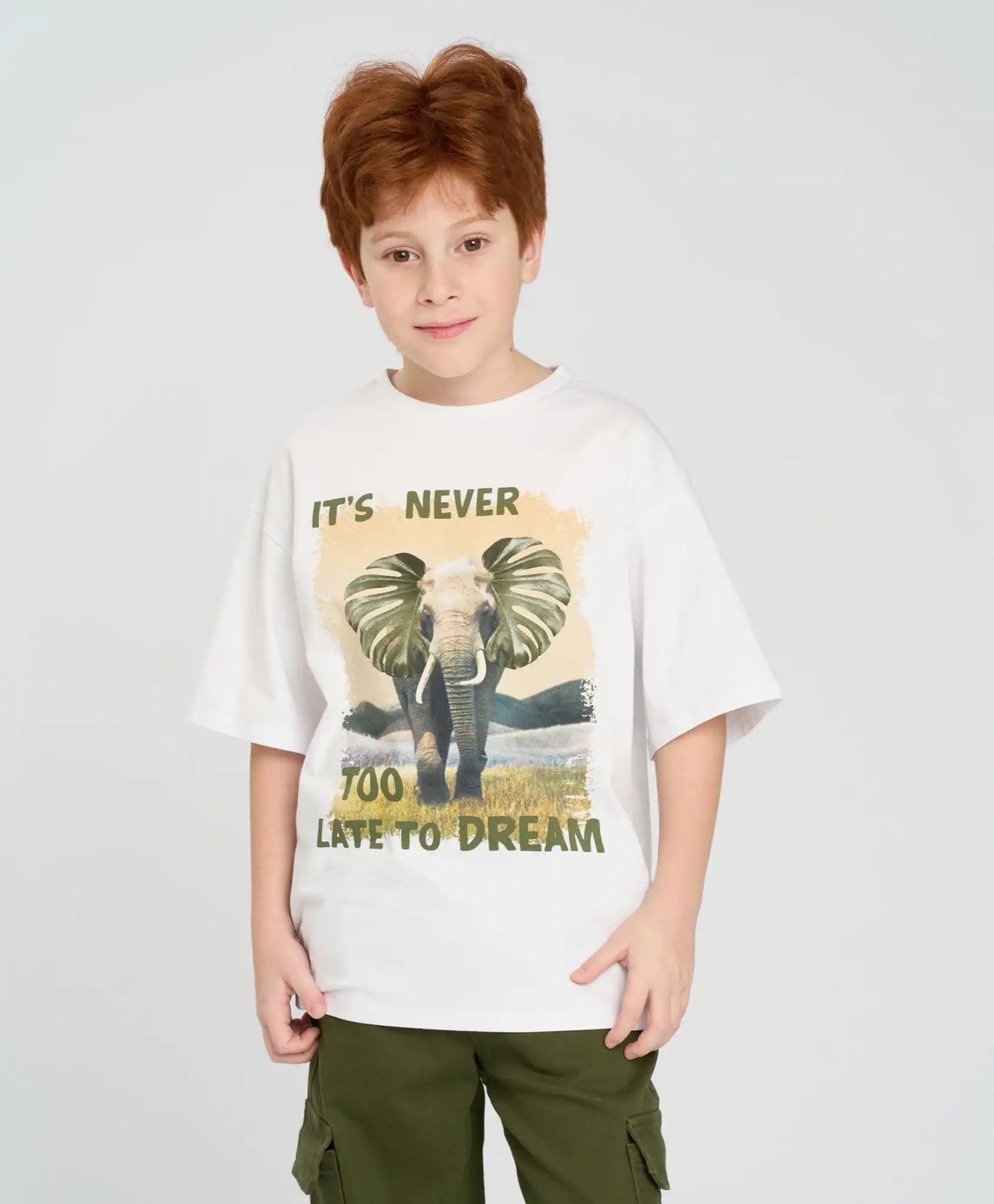 Tricou cu mânecă scurtă pentru băiat, alb, oversize, cu imprimeu, Button Blue