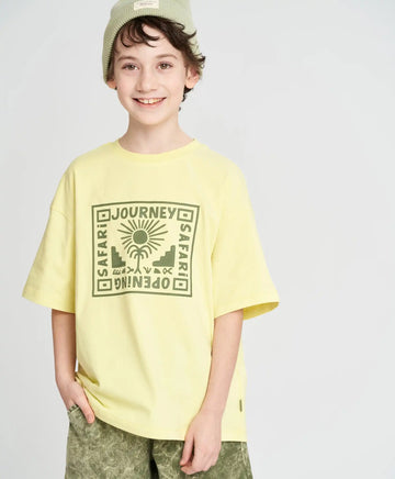 Tricou cu mânecă scurtă pentru băiat, galben, oversize, cu imprimeu, Button Blue