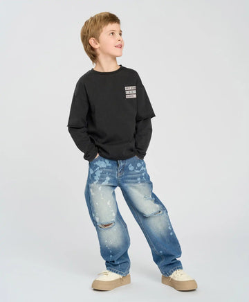 Blugi drepți pentru copii, albaștri, cu uzură, Button Blue