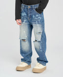 Blugi drepți pentru copii, albaștri, cu uzură, Button Blue