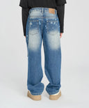 Blugi drepți pentru copii, albaștri, cu uzură, Button Blue