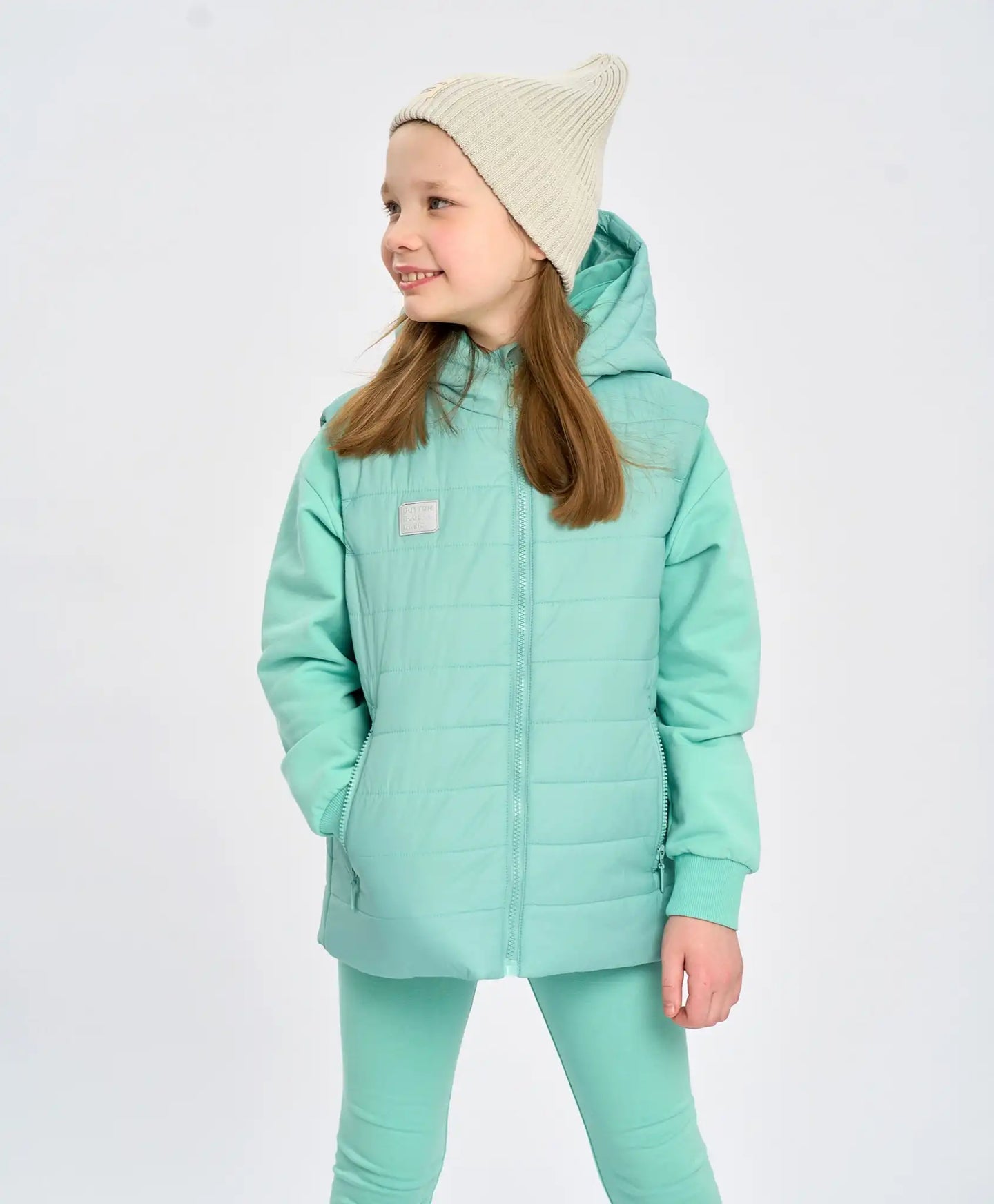 Vestă izolată, matlasată, verde, cu glugă, Button Blue