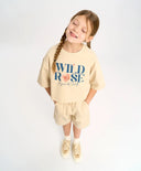 Crop-top tricou cu mânecă scurtă pentru fată, alb lăptos, cu imprimeu, Button Blue