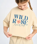 Crop-top tricou cu mânecă scurtă pentru fată, alb lăptos, cu imprimeu, Button Blue