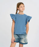 Tricou cu mâneci tip aripi pentru fată, albastru, Button Blue