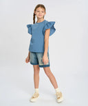 Tricou cu mâneci tip aripi pentru fată, albastru, Button Blue