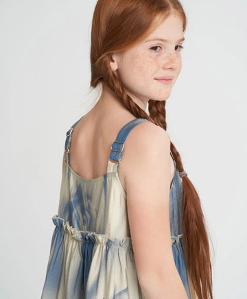 Sărafan cu bretele subțiri pentru fetiță, cu volan, multicolor Button Blue.
