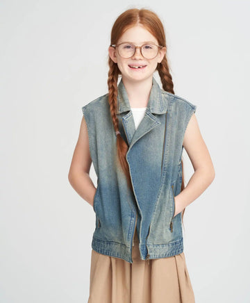 Vestă din denim cu fermoar pentru fată, cu trandafir albastru, Button Blue