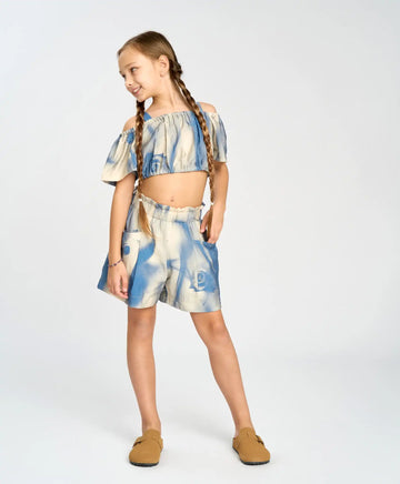 Pantaloni scurți evazați, cu imprimeu, pentru fată, cu talie elastică, multicolor, Button Blue