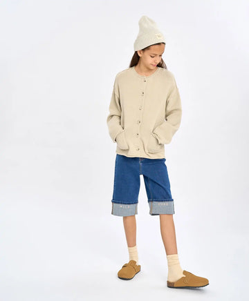 Pantaloni scurți din denim până la genunchi, albaștri, cu imprimeu, pentru fată, Button Blue