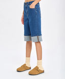 Pantaloni scurți din denim până la genunchi, albaștri, cu imprimeu, pentru fată, Button Blue