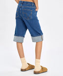 Pantaloni scurți din denim până la genunchi, albaștri, cu imprimeu, pentru fată, Button Blue