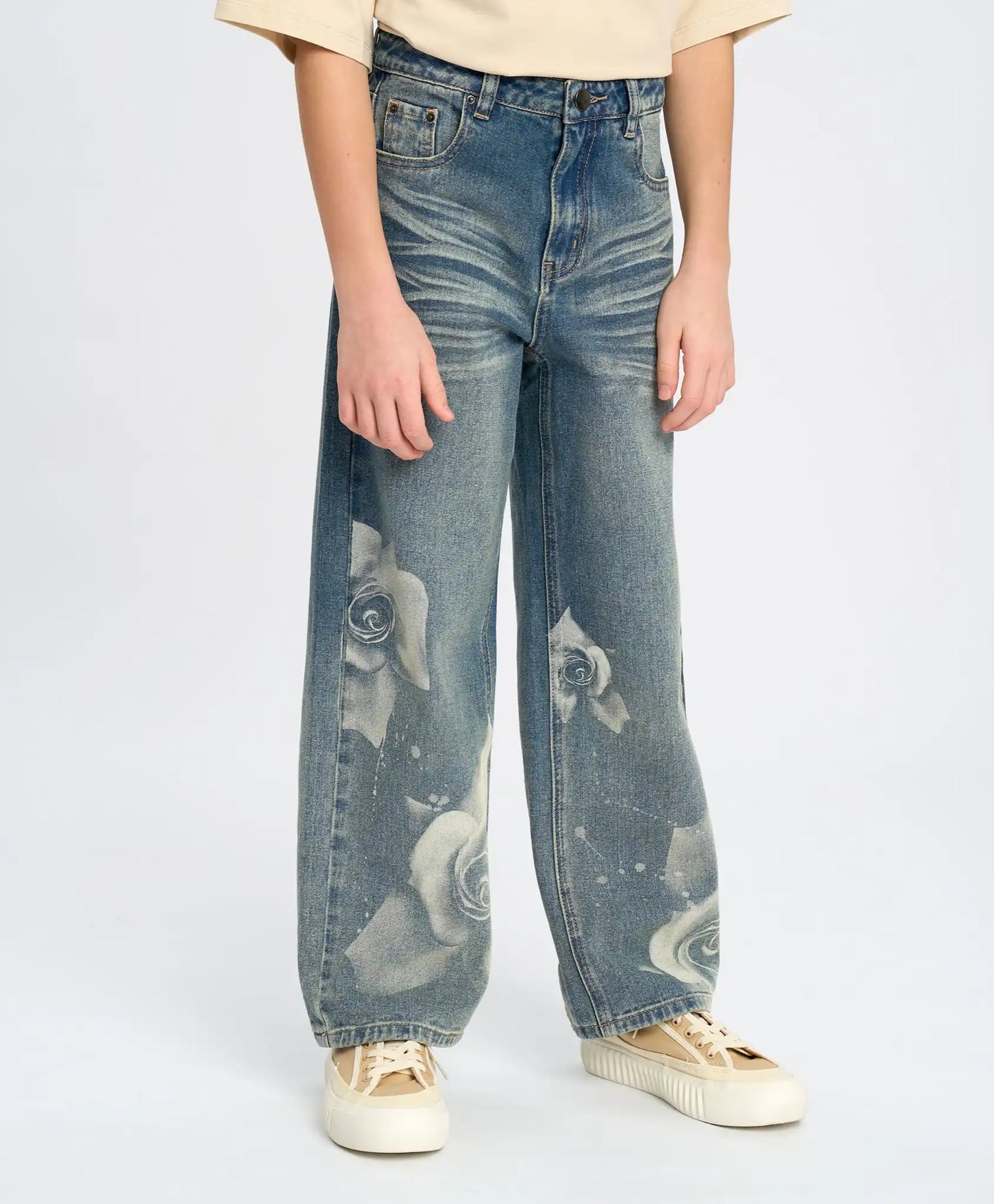 Blugi drepți pentru fată, albastru deschis, cu flori, Button Blue