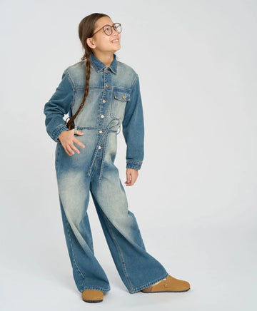 Salopetă cu nasturi pentru fetiță, albastru deschis, cu pantaloni largi, Button Blue