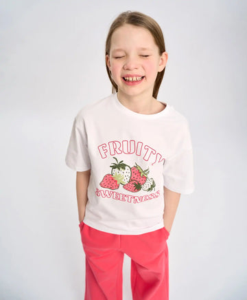 Tricou cu mânecă scurtă pentru fată, alb, oversize, cu imprimeu, Button Blue