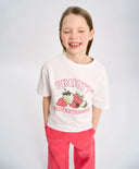 Tricou cu mânecă scurtă pentru fată, alb, oversize, cu imprimeu, Button Blue