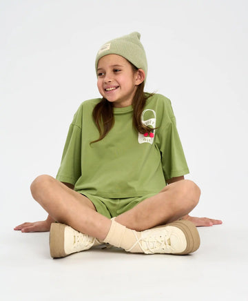 Crop-top tricou pentru fată, verde, oversize, cu imprimeu, Button Blue