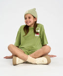 Crop-top tricou pentru fată, verde, oversize, cu imprimeu, Button Blue