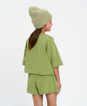 Crop-top tricou pentru fată, verde, oversize, cu imprimeu, Button Blue