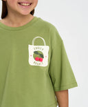 Crop-top tricou pentru fată, verde, oversize, cu imprimeu, Button Blue