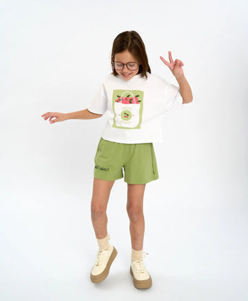 Tricou cu mânecă scurtă pentru fată, alb, oversize, cu imprimeu, Button Blue