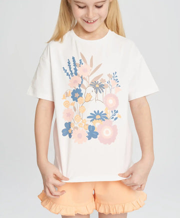 Tricou pentru fată, alb, cu mânecă scurtă și imprimeu, Button Blue