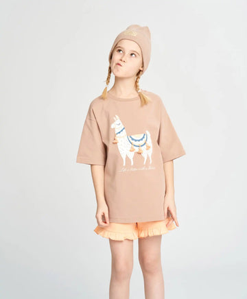 Tricou pentru fată, bej, cu mânecă scurtă și imprimeu cu lamă, Button Blue