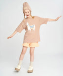 Tricou pentru fată, bej, cu mânecă scurtă și imprimeu cu lamă, Button Blue