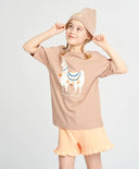 Tricou pentru fată, bej, cu mânecă scurtă și imprimeu cu lamă, Button Blue